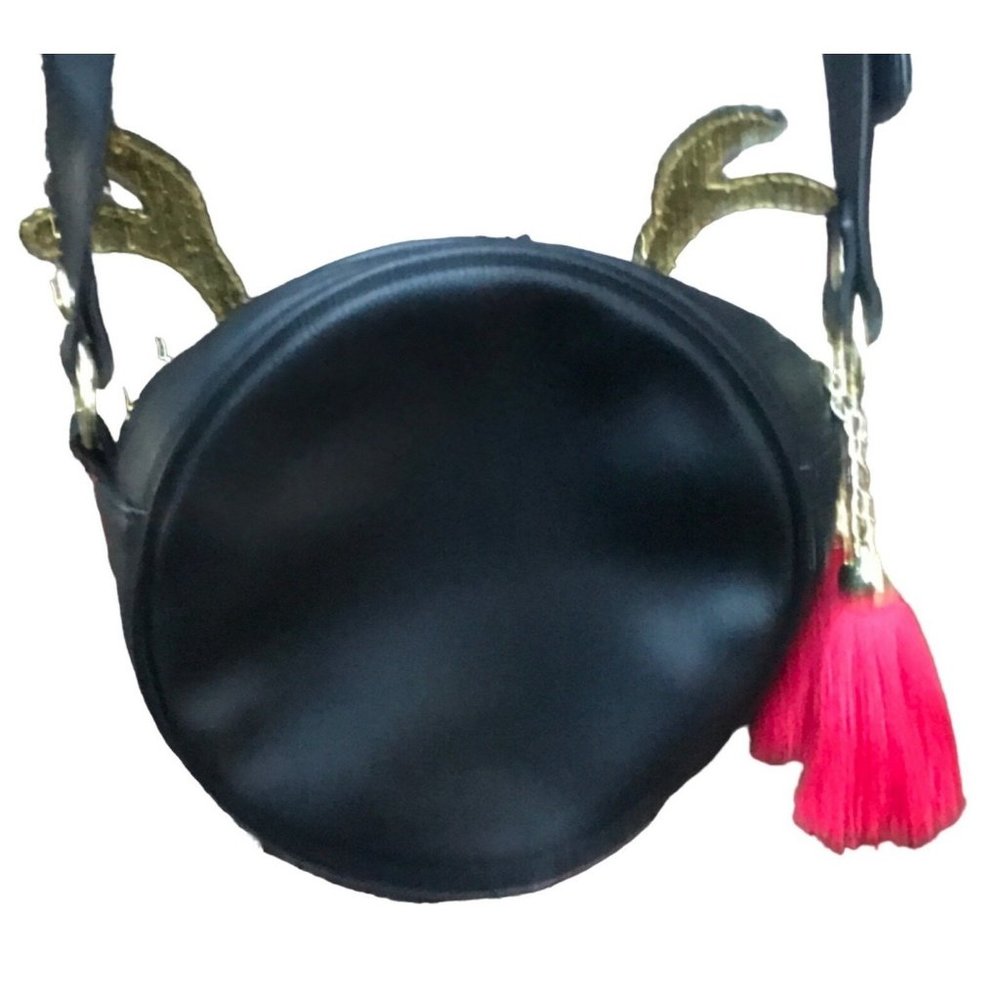Mad Love Glitter Reindeer Black Crossbody Bag Round Purse Christmas - Picture 3 of 5